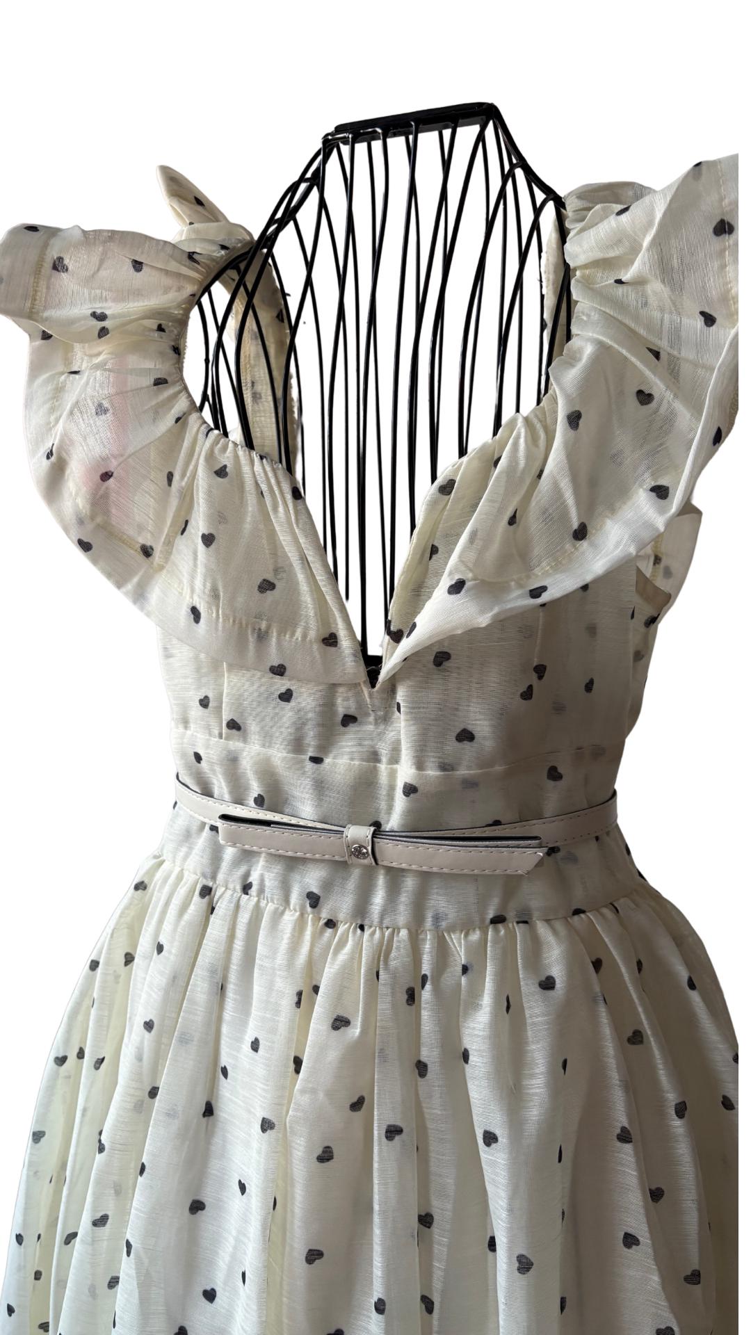 Ruffle Long Dress: Light Yellow Black Hearts, Belted - Fits EU 44