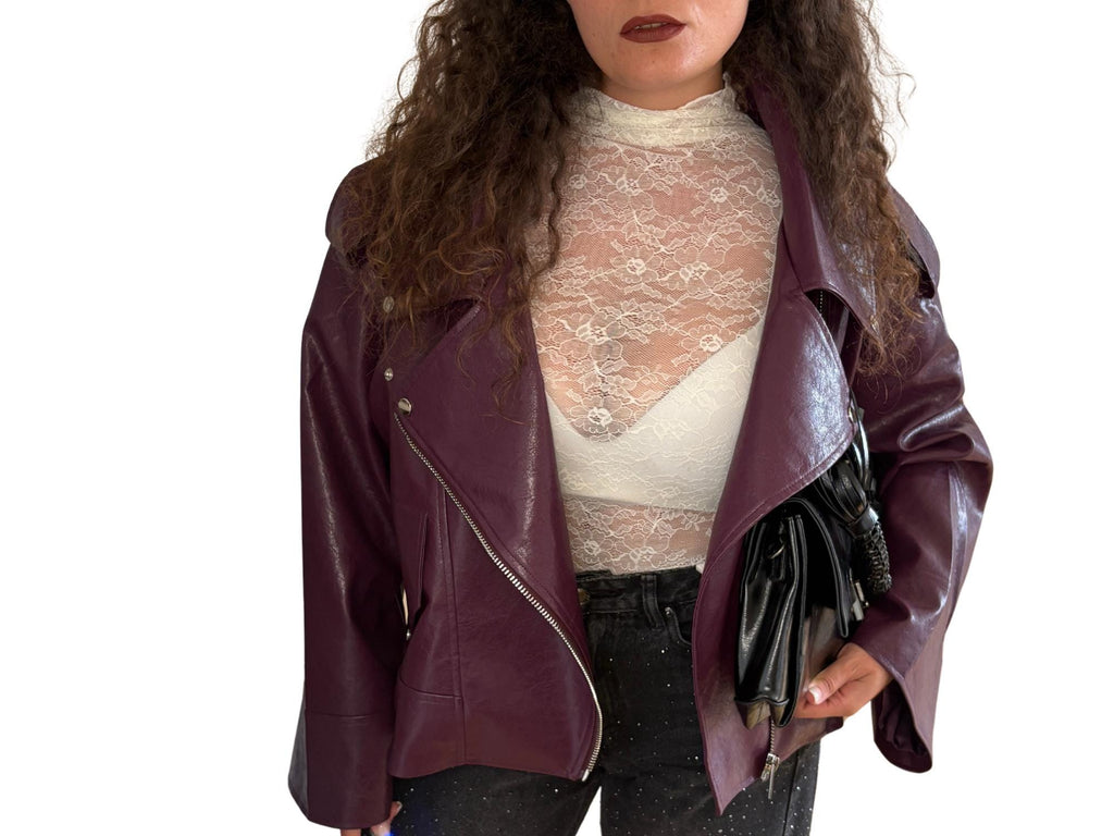 Oversized Faux Leather Biker Jacket – Violet with Silver Details