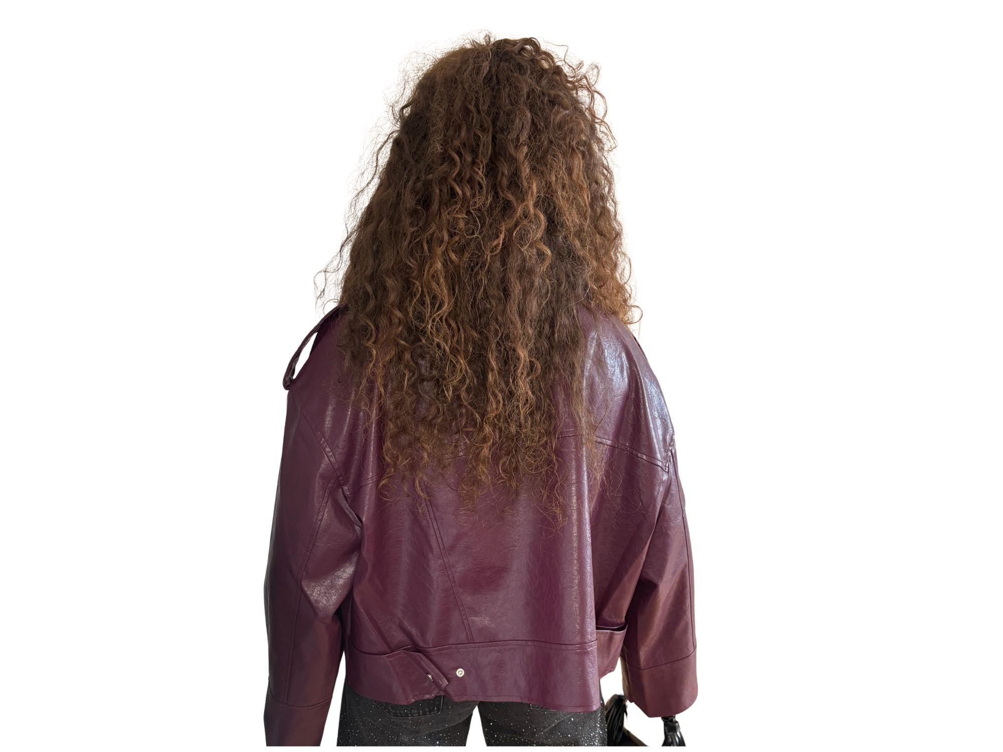 Oversized Faux Leather Biker Jacket – Violet with Silver Details