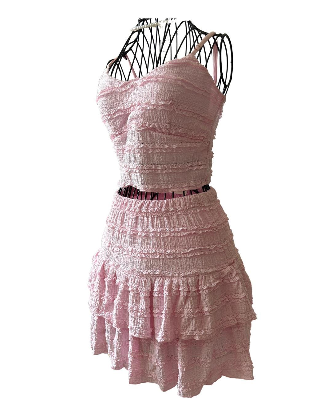 Ruffle Co-ord Set: Smocked Crop Top and Mini Skirt - Pink or Yellow