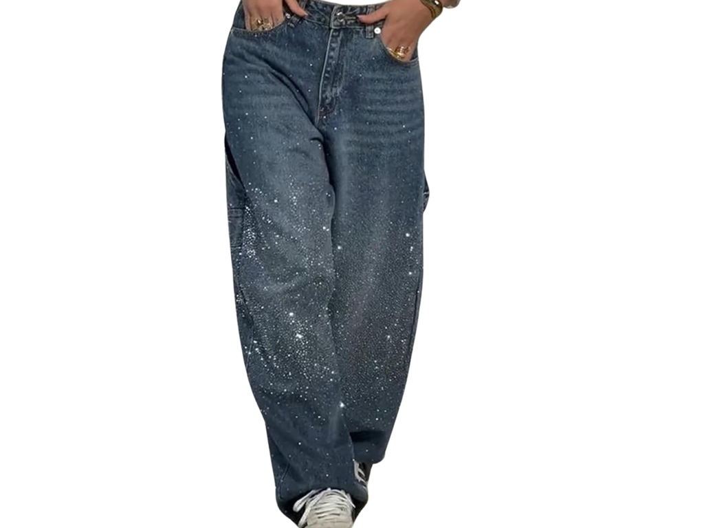 Rhinestone Loose Barrel Jeans -Sparkle Denim