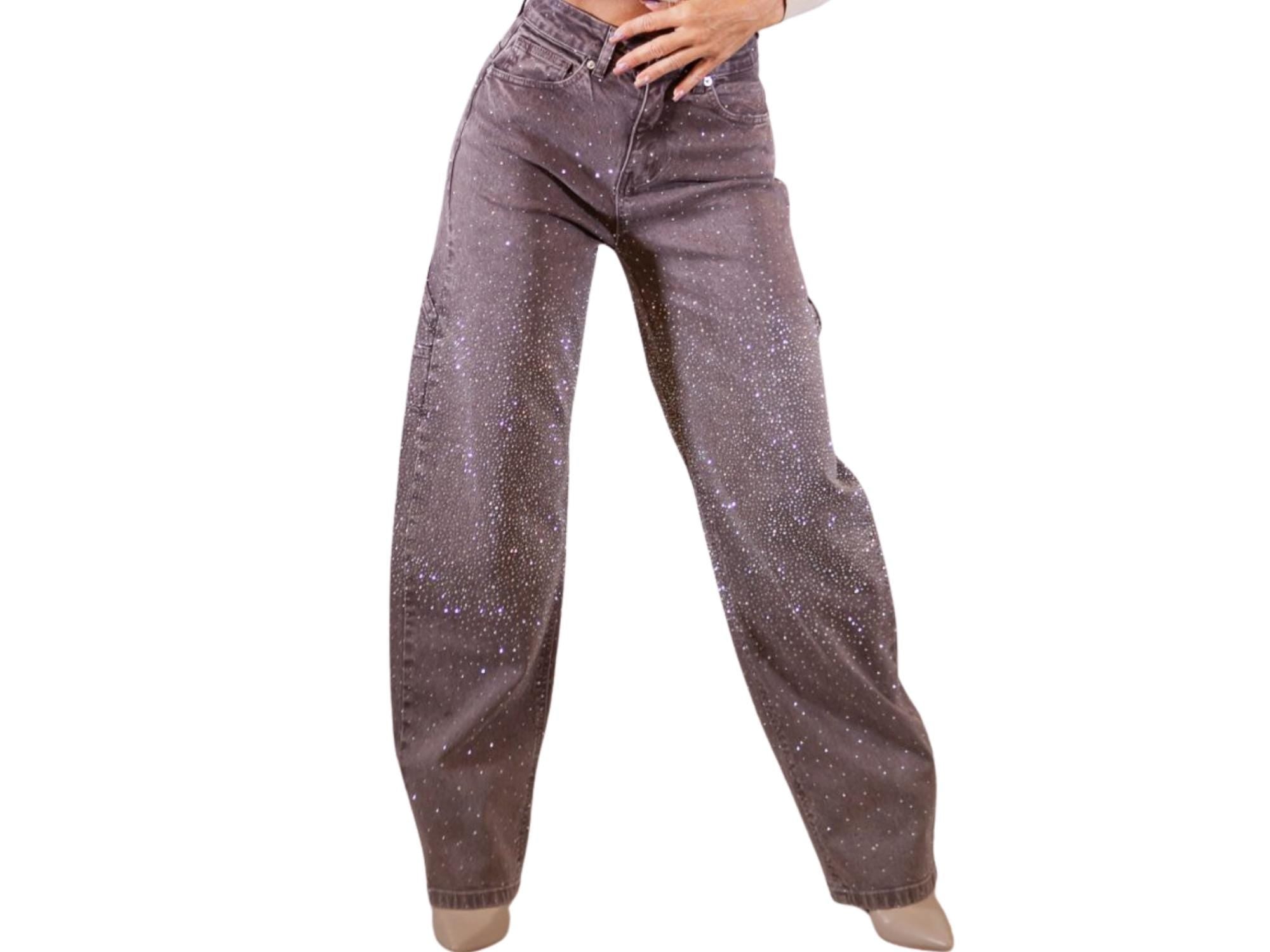 Rhinestone Loose Harem Jeans -Sparkle Denim- Burned Coffee Baloon Denim