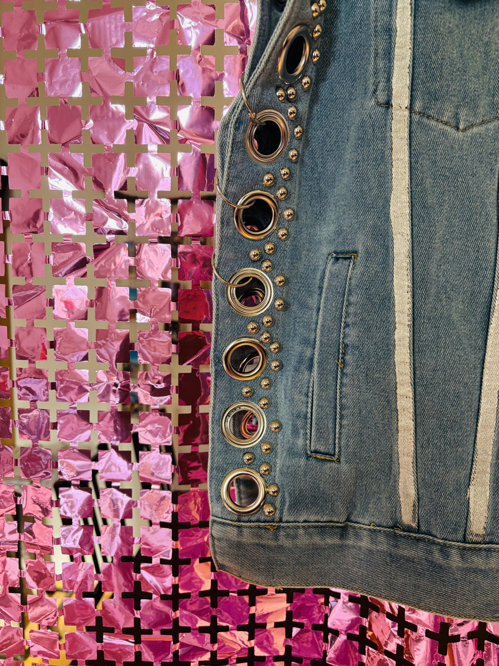 Studded Denim Gilet – Rock Chic Sleeveless Vest with Silver Grommets & Details