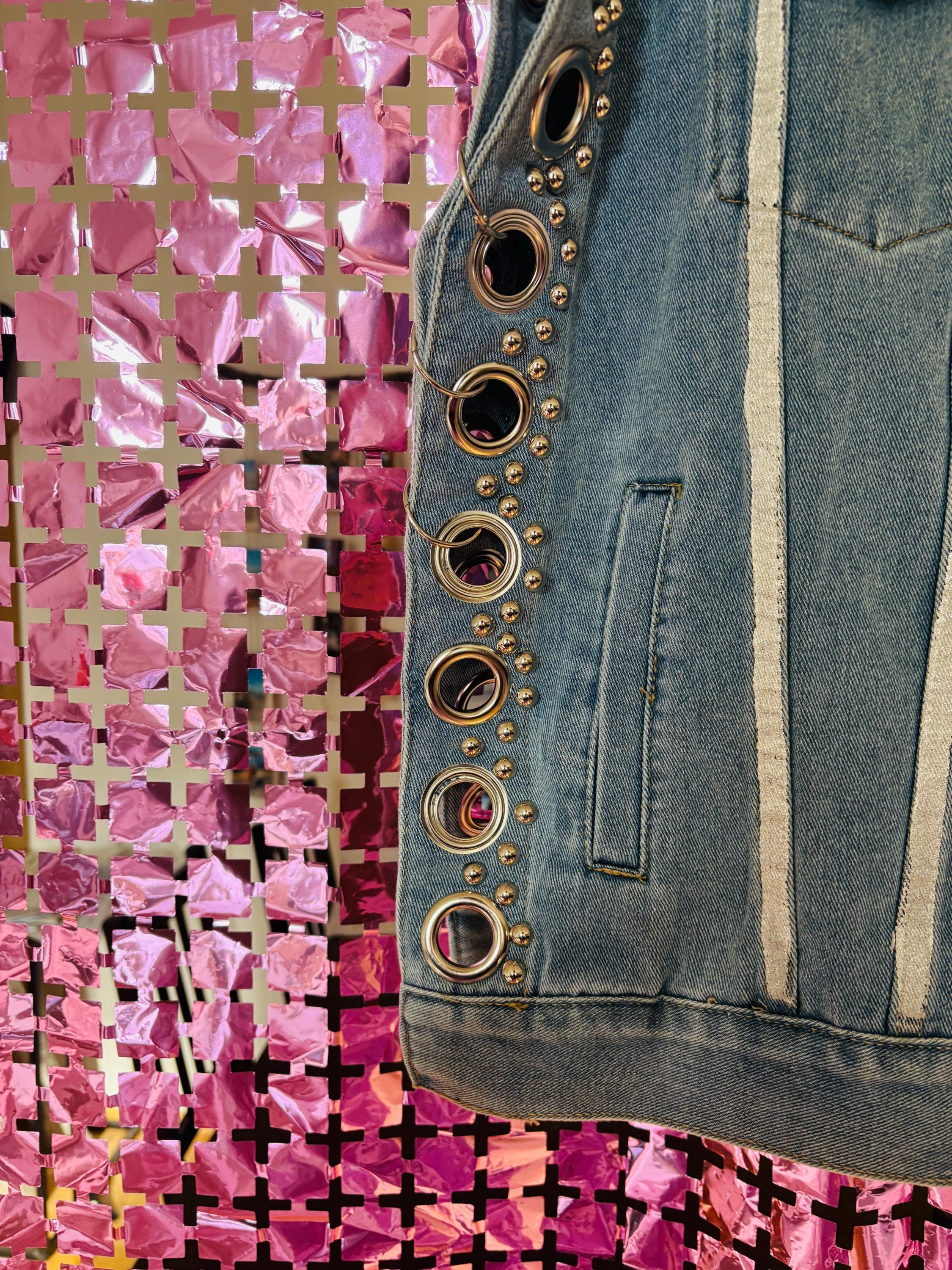 Studded Denim Gilet – Rock Chic Sleeveless Vest with Silver Grommets & Details