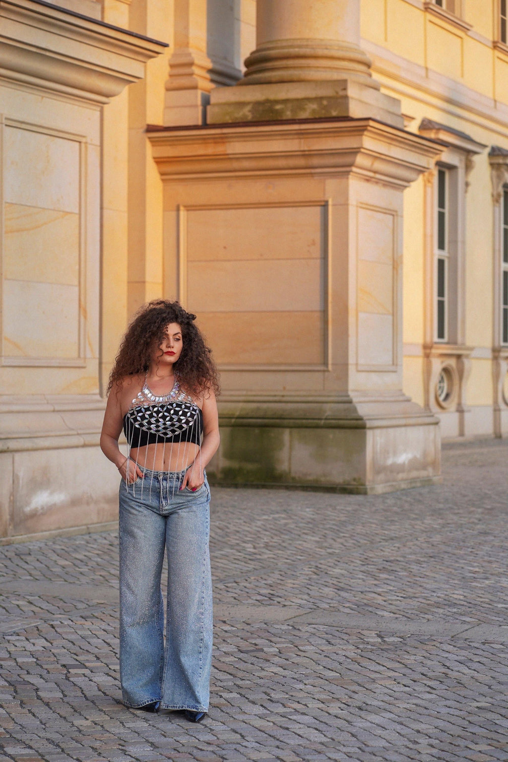 Light Blue Wide-Leg Denim with Strass – Sparkling Mid-Waist Jeans for a Statement Look