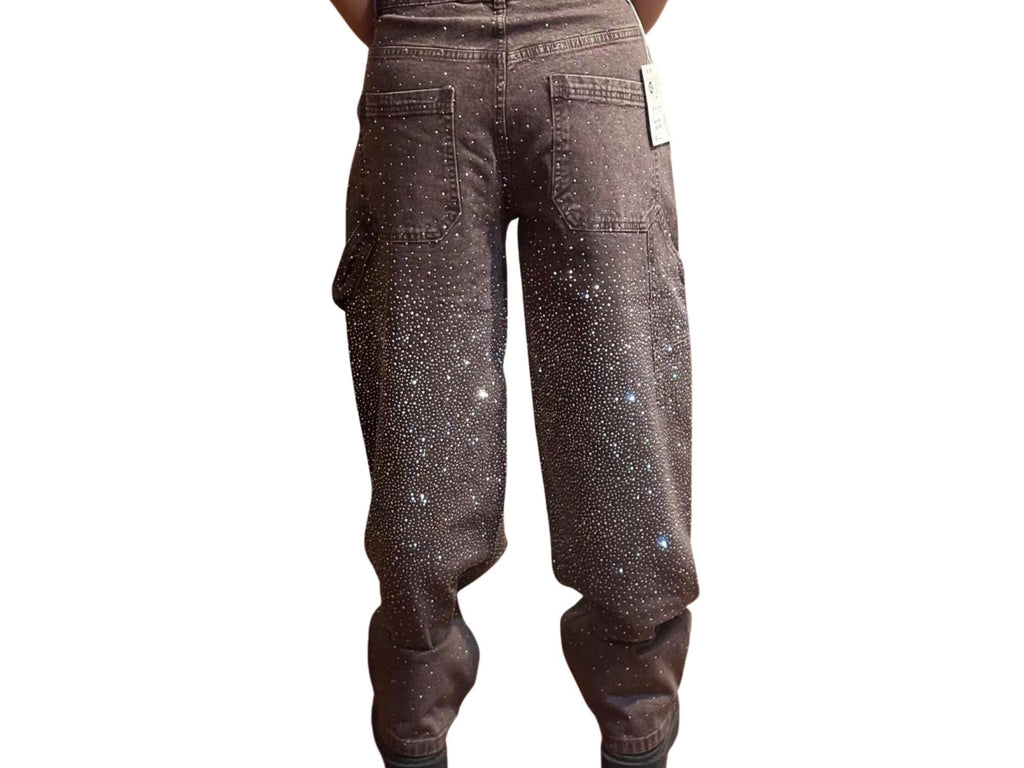 Rhinestone Loose Harem Jeans -Sparkle Denim- Burned Coffee Baloon Denim