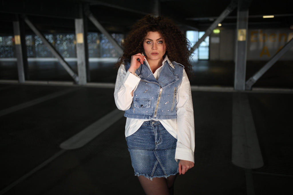 Studded Denim Gilet – Rock Chic Sleeveless Vest with Silver Grommets & Details