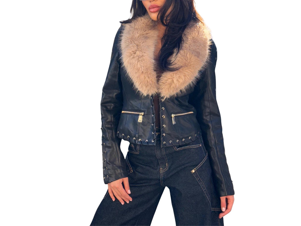Faux Leather Jacket with Faux Fur Collar – Available in Black or Brown, Sizes S–L
