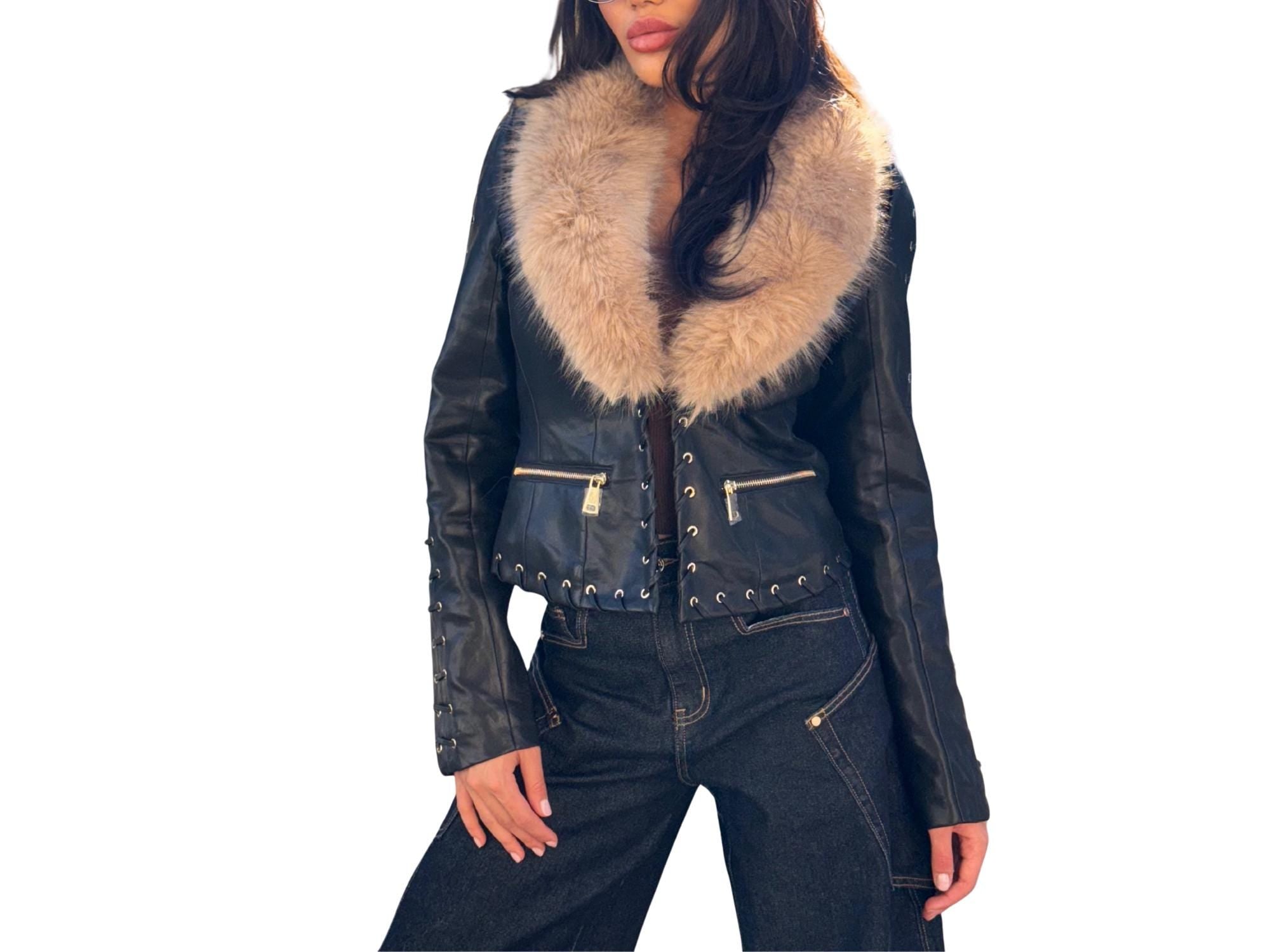 Faux Leather Jacket with Faux Fur Collar – Available in Black or Brown, Sizes S–L