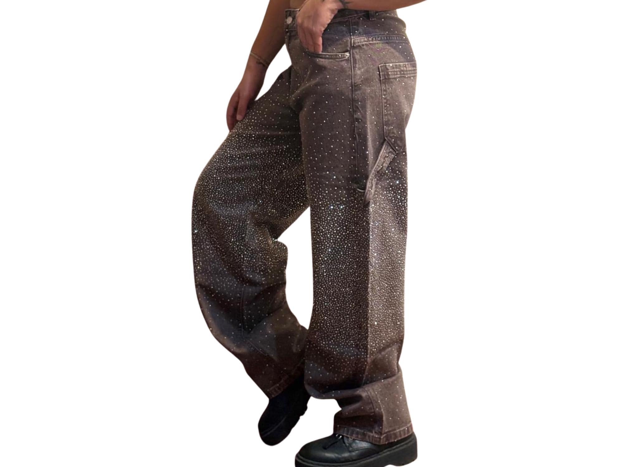 Rhinestone Loose Harem Jeans -Sparkle Denim- Burned Coffee Baloon Denim