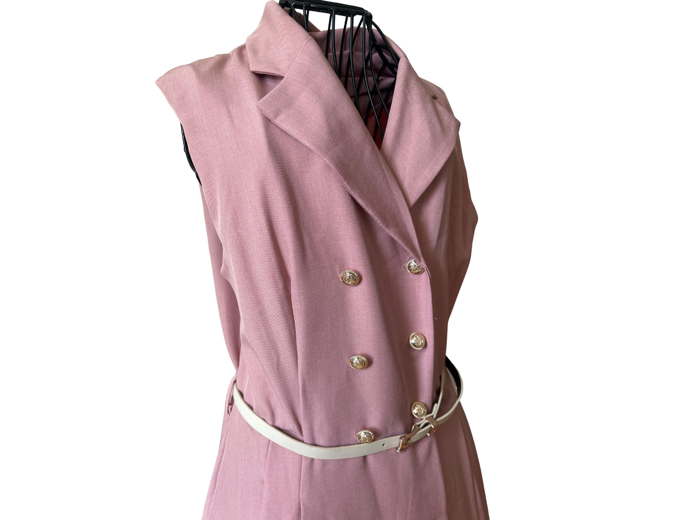 Vintage-Inspired Sleeveless Dress with Gold Buttons & Belt – One Size