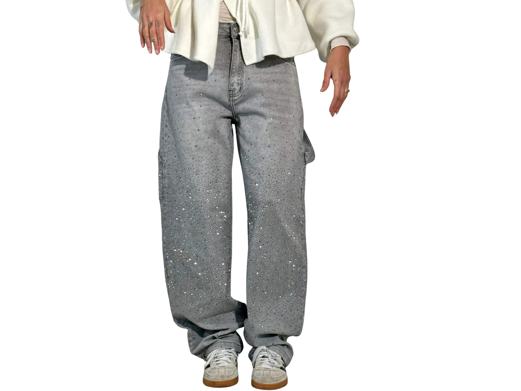 Rhinestone Loose Barrel Jeans -Sparkle Denim