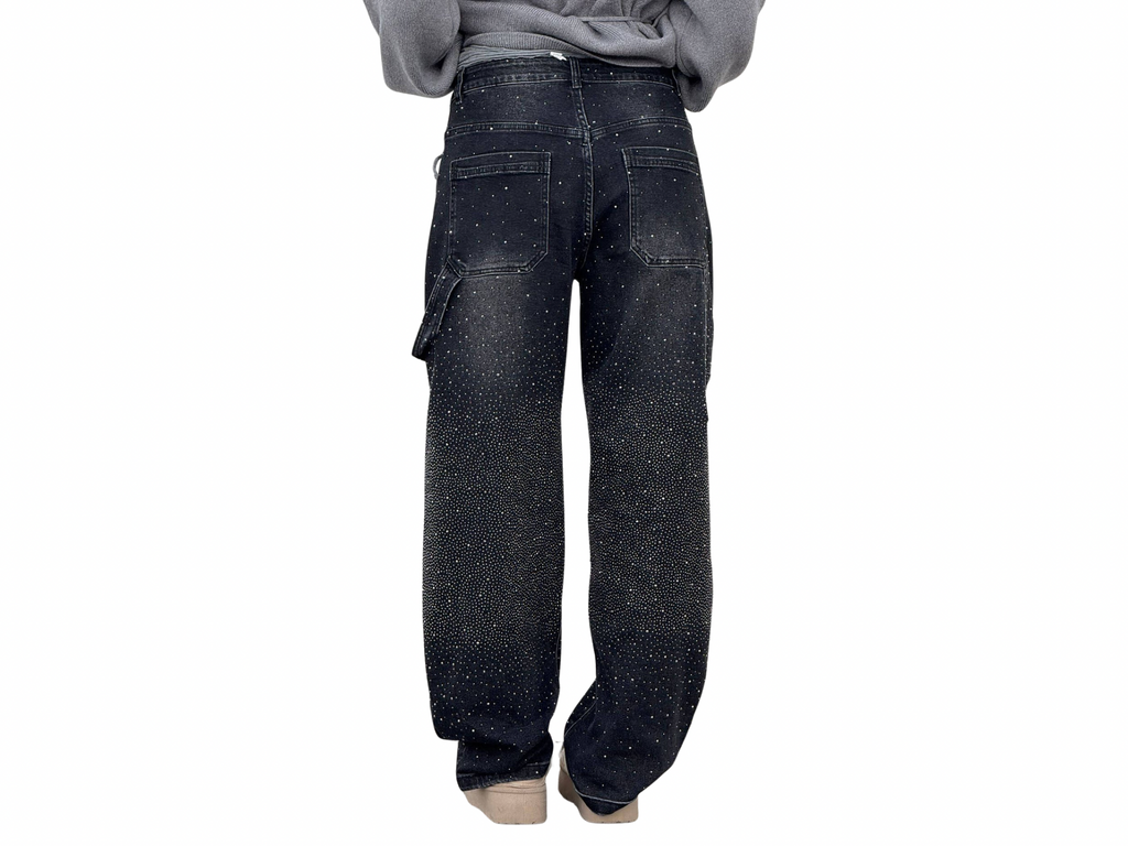 Rhinestone Loose Barrel Jeans -Sparkle Denim