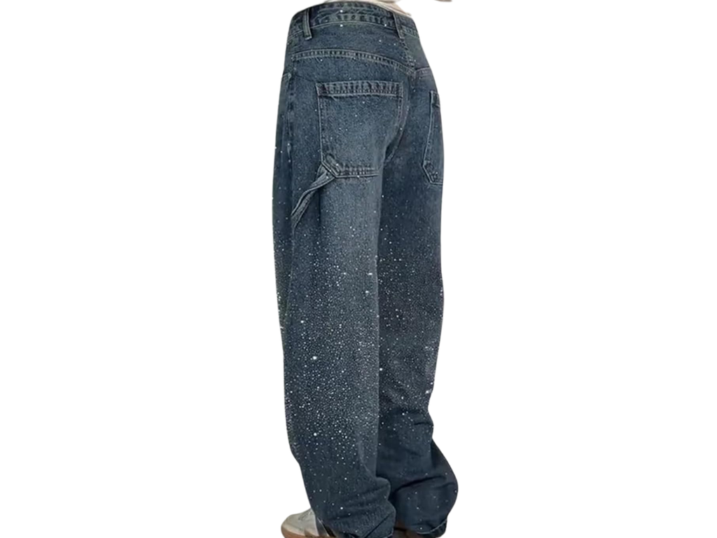 Rhinestone Loose Barrel Jeans -Sparkle Denim