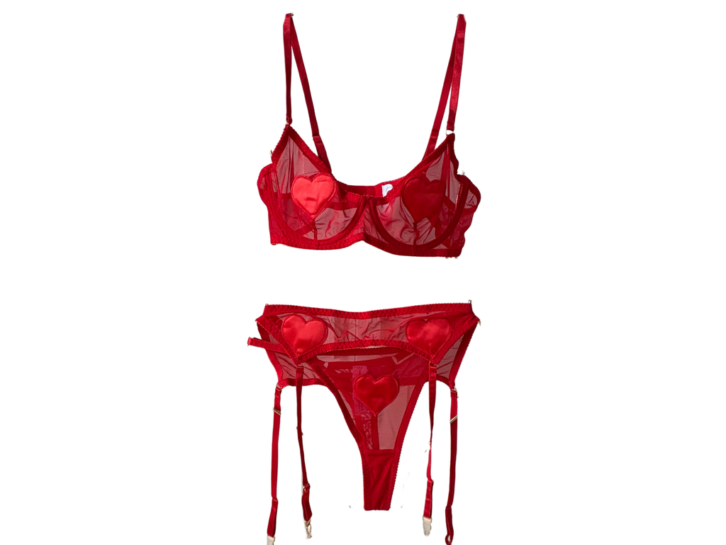 Isadora – Embroidered Lace Three-Piece Set (Bra, Panty, Garter Belt & Tights)