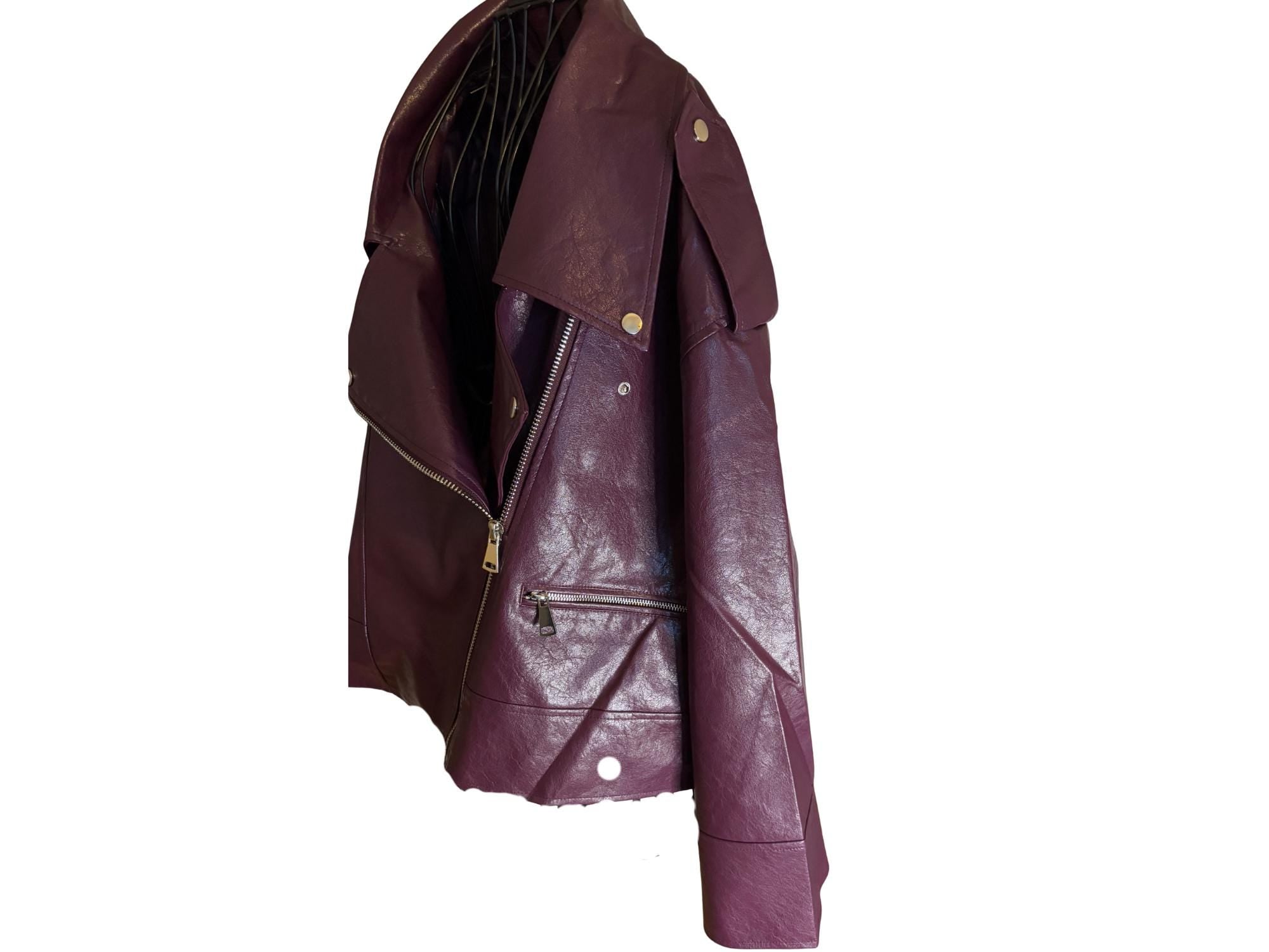 Oversized Faux Leather Biker Jacket – Violet with Silver Details