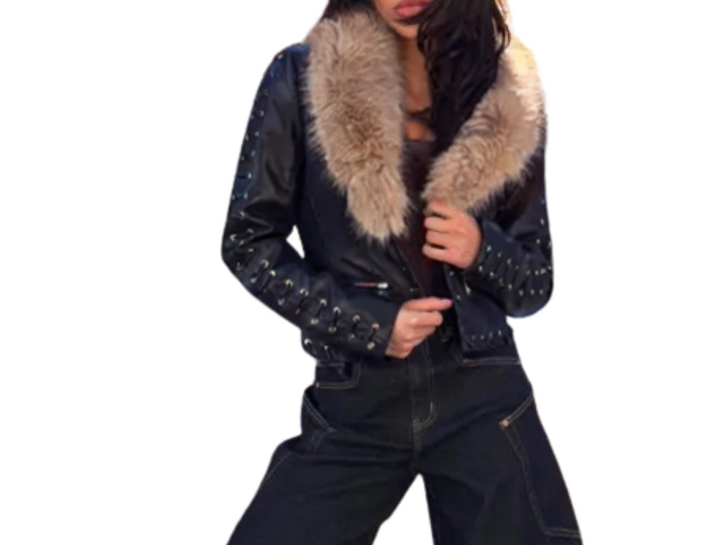 Faux Leather Jacket with Faux Fur Collar – Available in Black or Brown, Sizes S–L