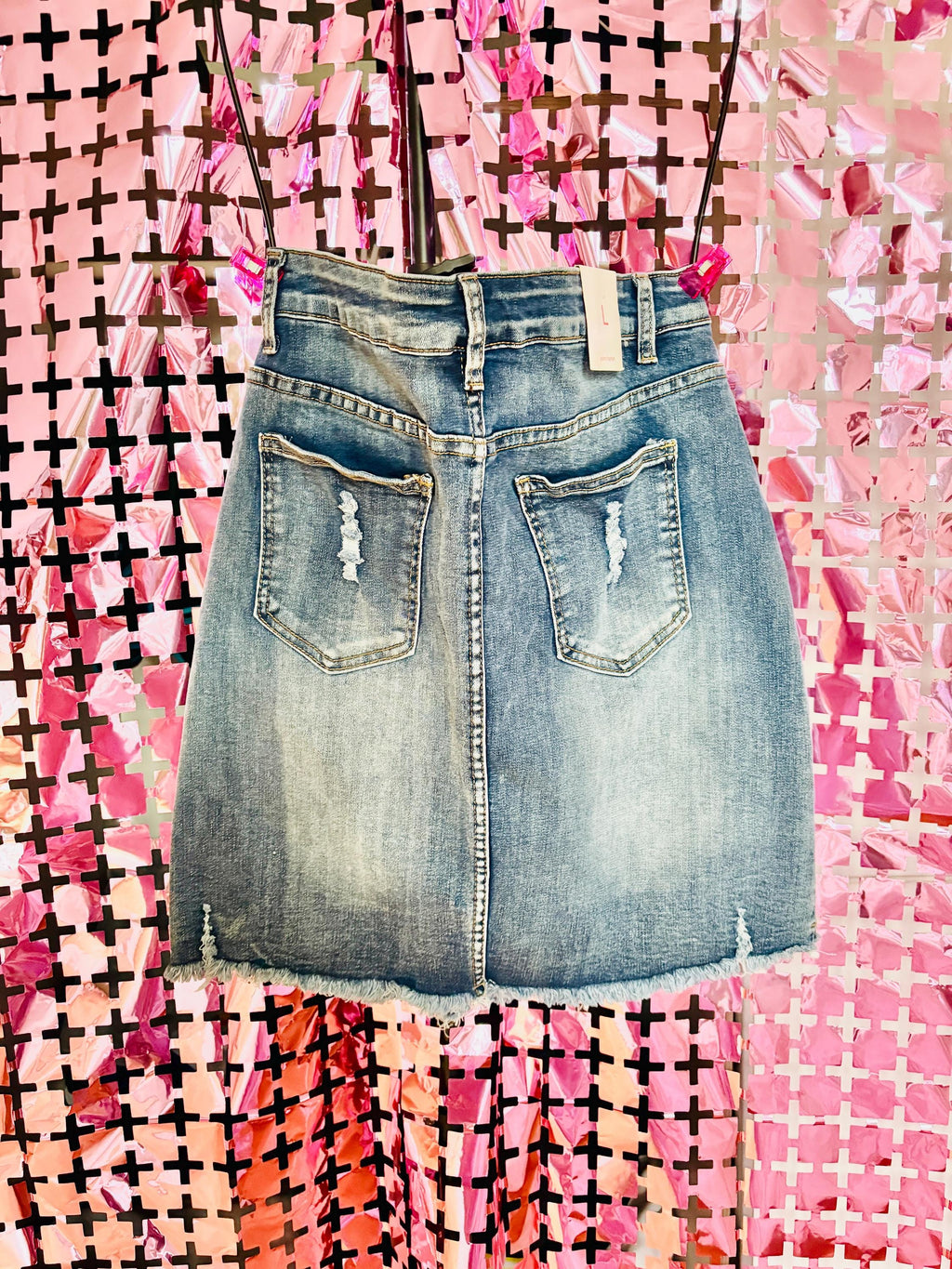 Rhinestone Denim Skirt – Sparkling Distressed Style with Fringe Hem