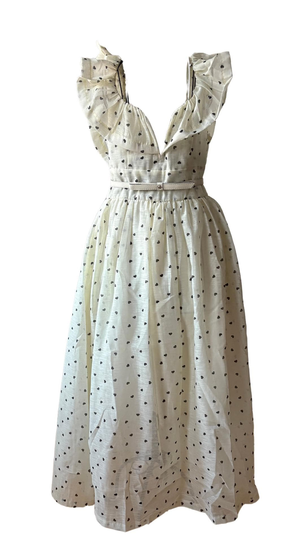 Ruffle Long Dress: Light Yellow Black Hearts, Belted - Fits EU 44