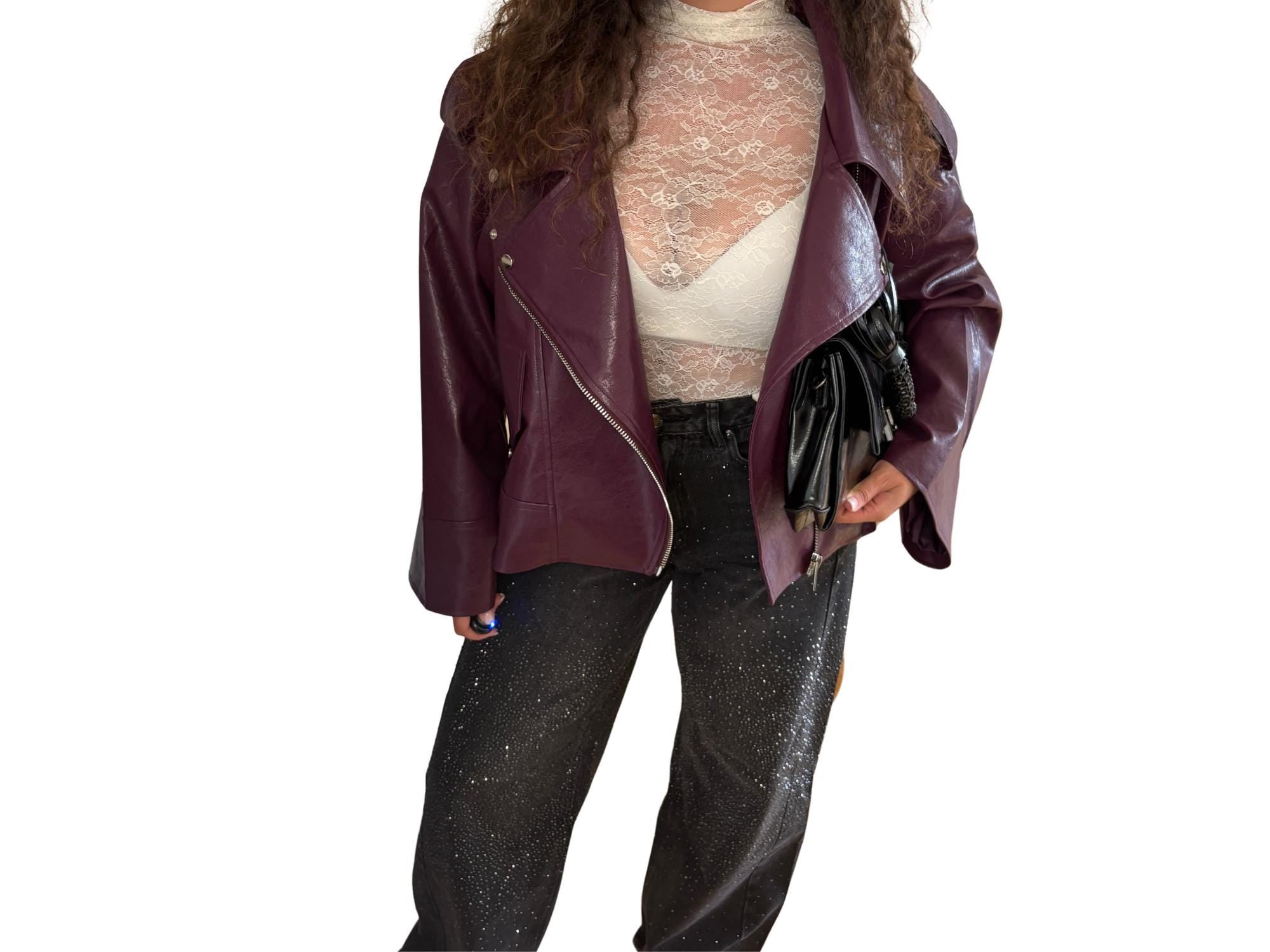 Oversized Faux Leather Biker Jacket – Violet with Silver Details