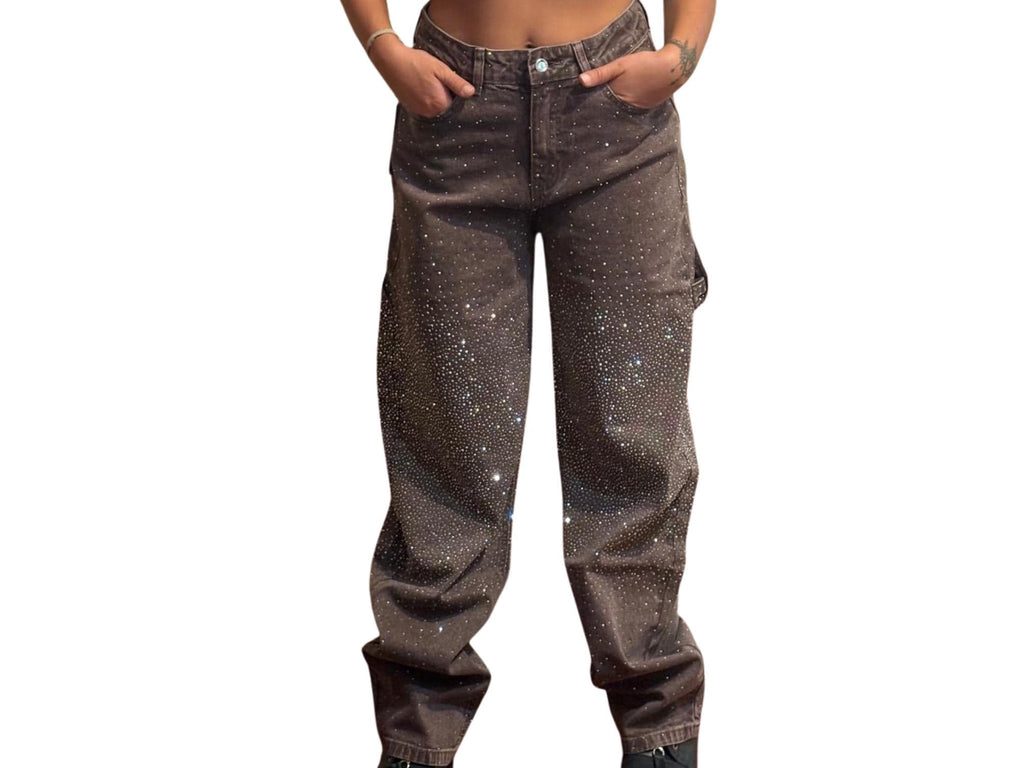 Rhinestone Loose Harem Jeans -Sparkle Denim- Burned Coffee Baloon Denim