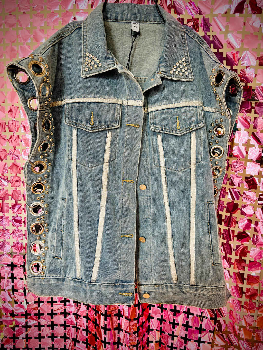 Studded Denim Gilet – Rock Chic Sleeveless Vest with Silver Grommets & Details