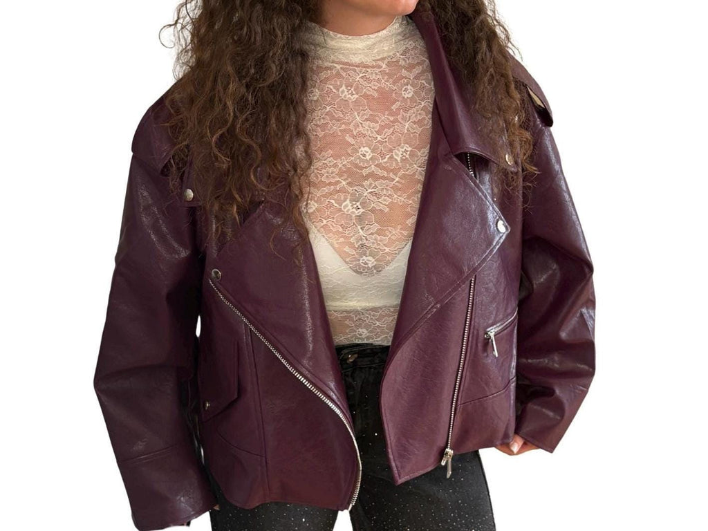 Oversized Faux Leather Biker Jacket – Violet with Silver Details