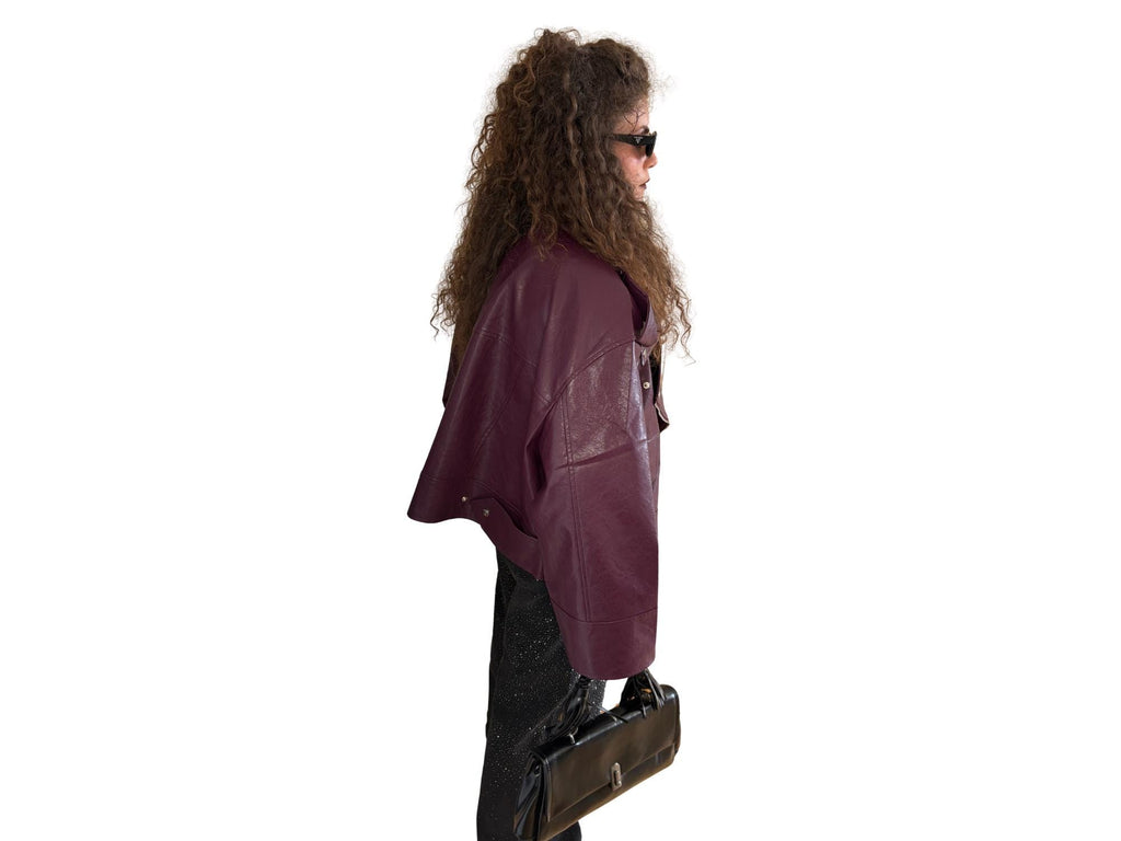 Oversized Faux Leather Biker Jacket – Violet with Silver Details