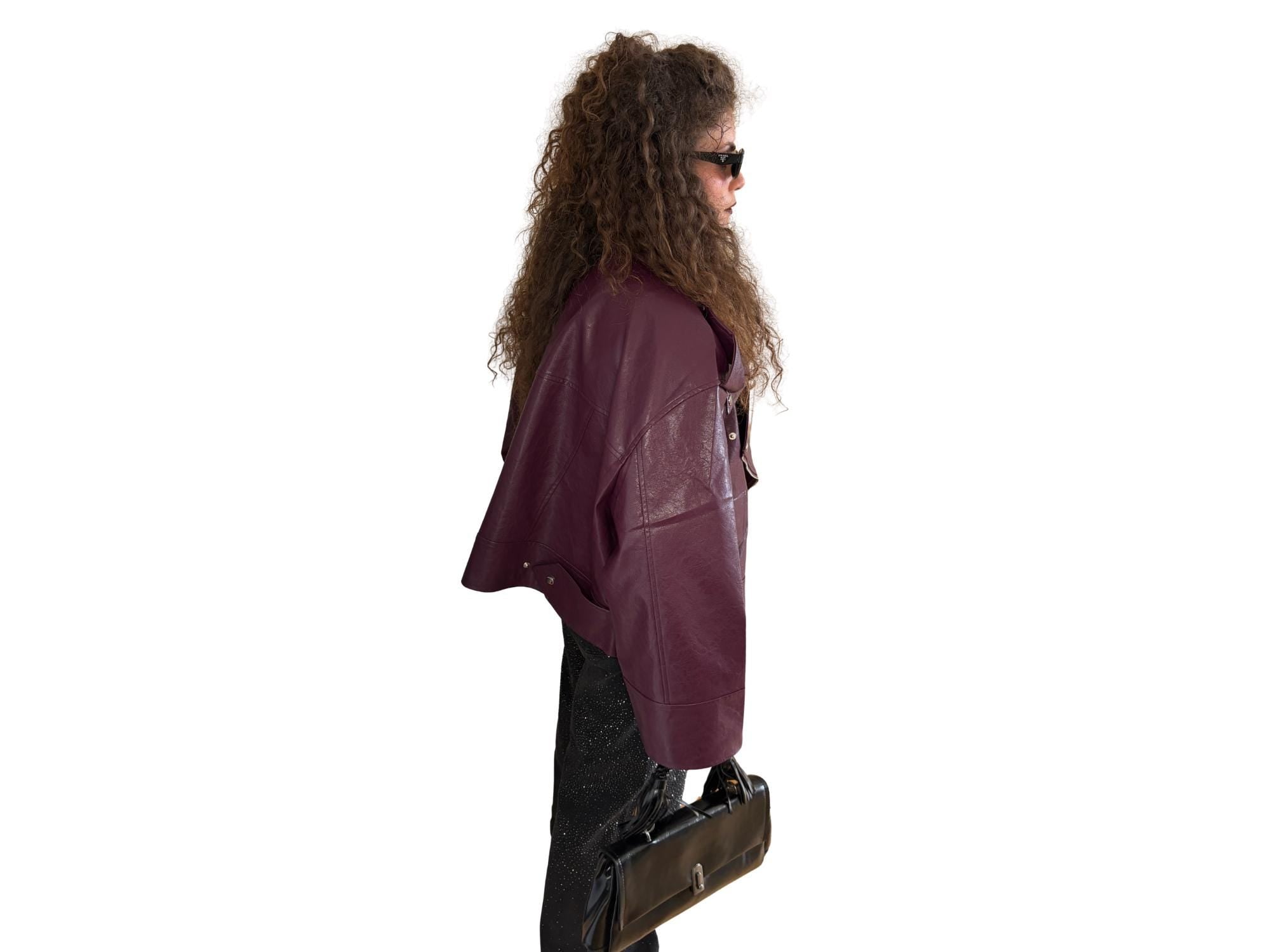Oversized Faux Leather Biker Jacket – Violet with Silver Details