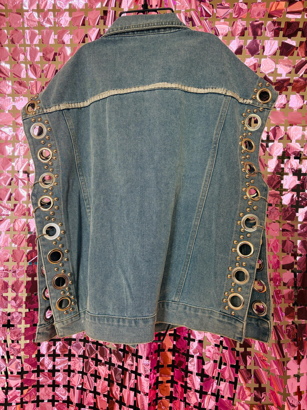 Studded Denim Gilet – Rock Chic Sleeveless Vest with Silver Grommets & Details