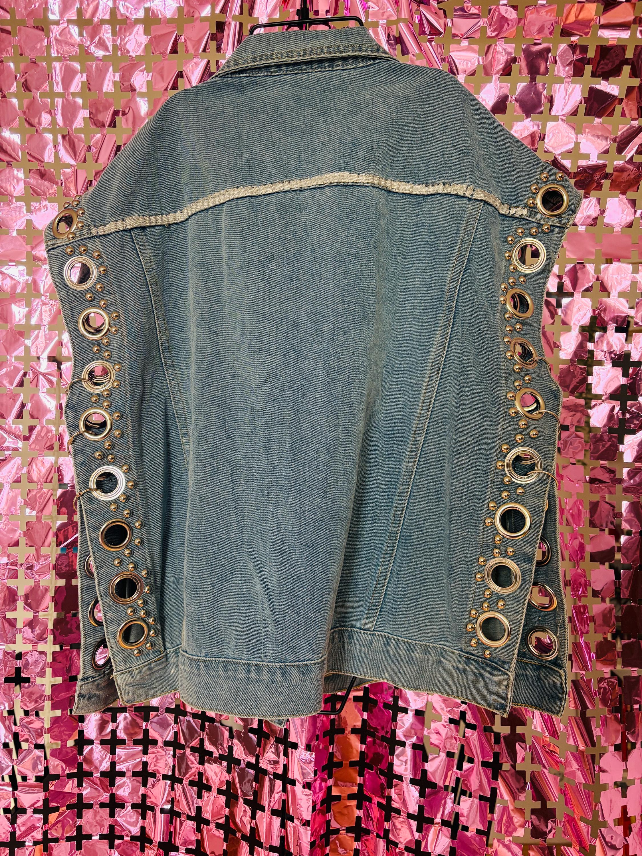 Studded Denim Gilet – Rock Chic Sleeveless Vest with Silver Grommets & Details