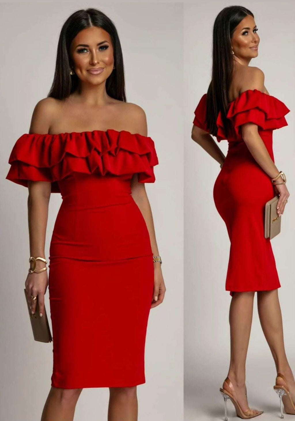 Off-Shoulder Pink Ruffle Dress: Elegant Occasion Wear (Fits EU 42)