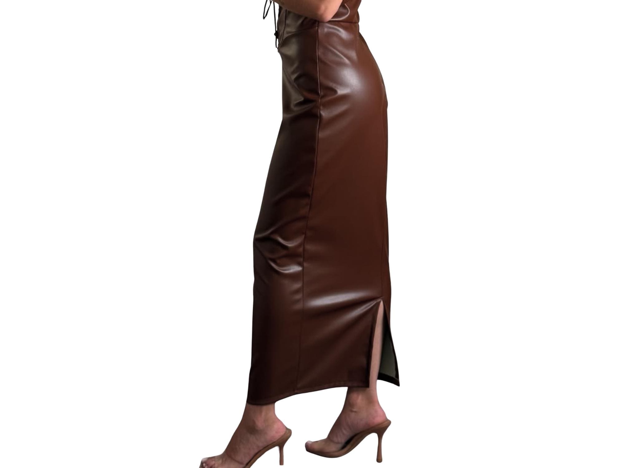Faux Leather Bodycon Maxi Dress – Adjustable Bust & Back Slit