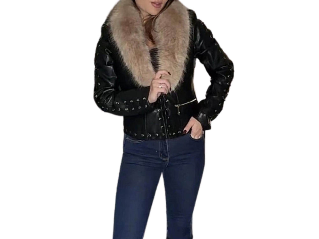 Faux Leather Jacket with Faux Fur Collar – Available in Black or Brown, Sizes S–L