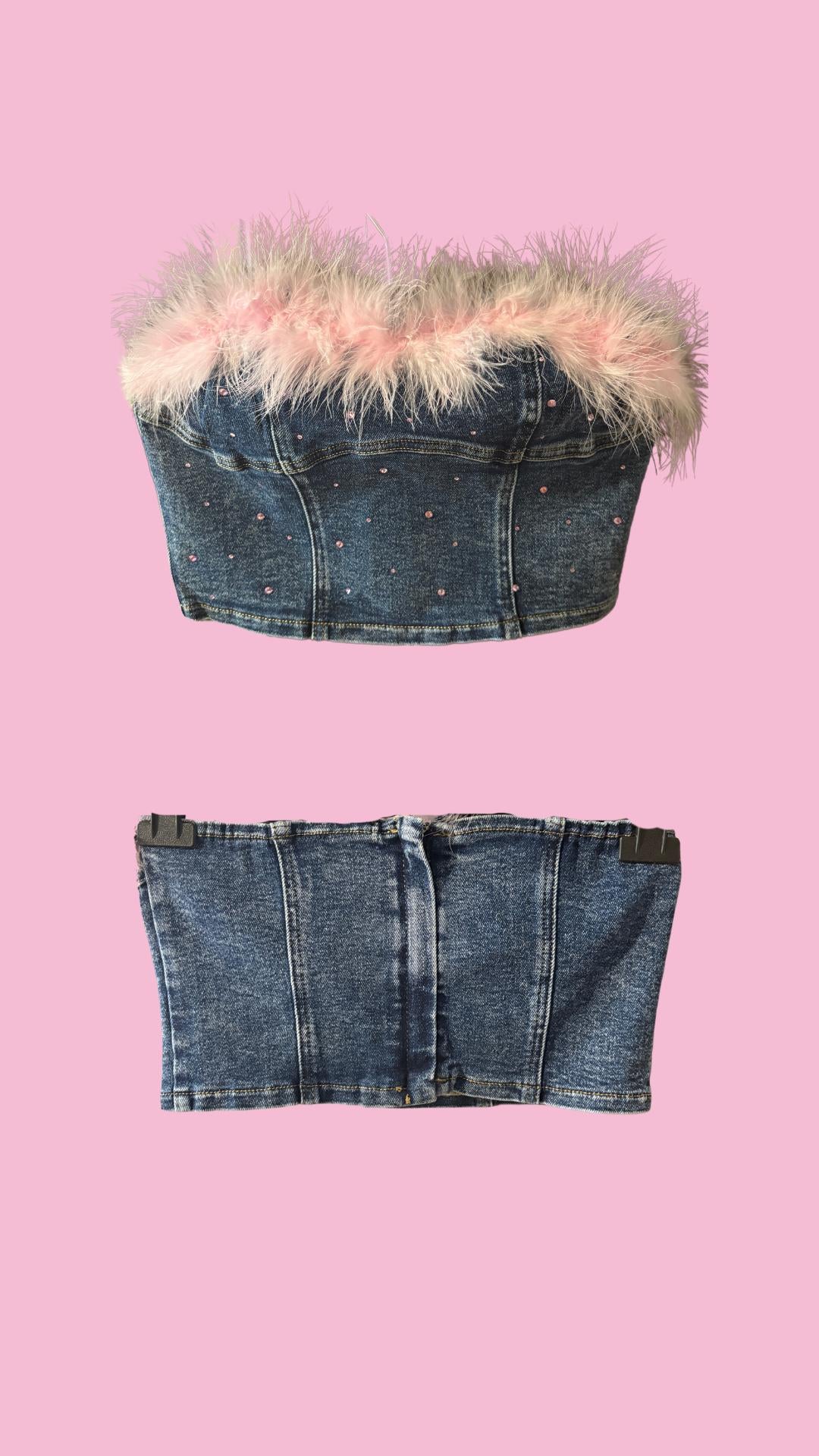 Y2K Denim Co-ord Set: Pink Faux Fur Trim, Rhinestone Crop Top & Mini Skirt